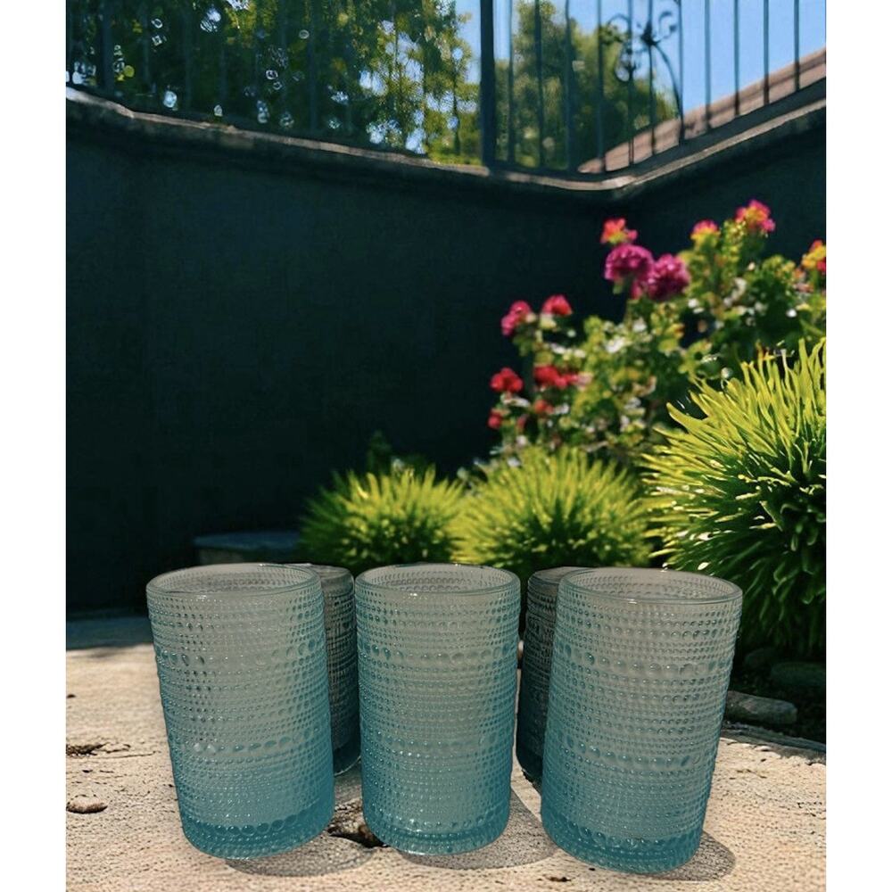 NWT Halo Set Of 4 Highball Glasses Aqua Hobnail New